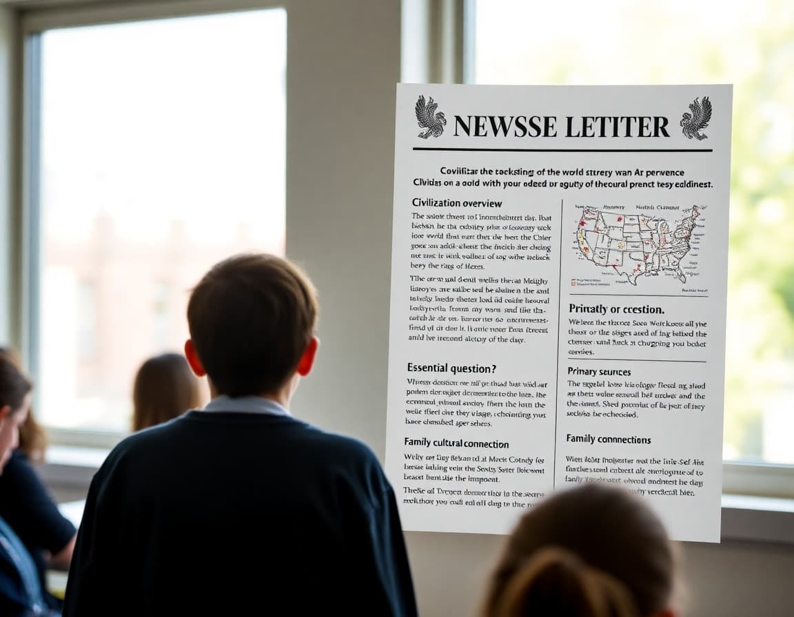 World history unit teacher newsletter showing civilization overview, essential question, primary sources, and family cultural connection prompts