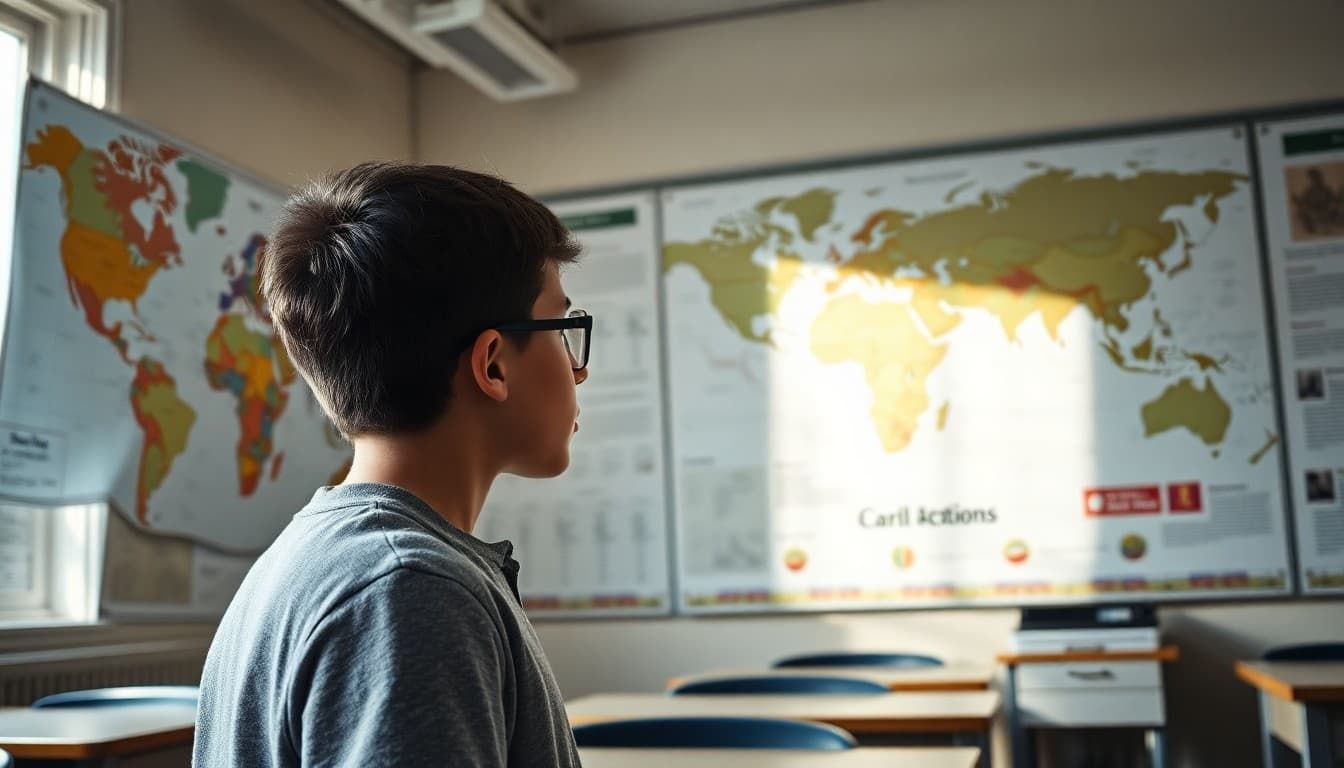 World history student examining global maps and primary documents from multiple civilizations on classroom wall