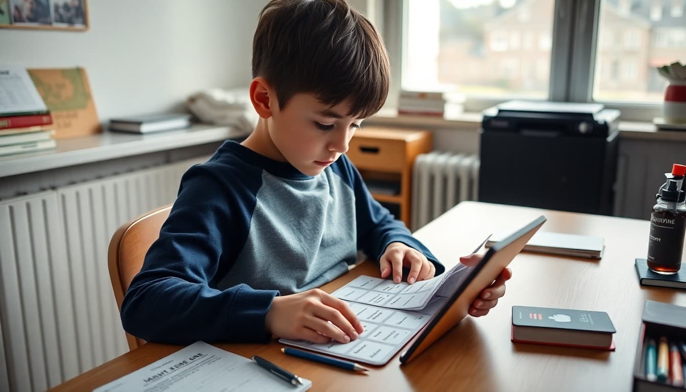 Student practicing foreign language vocabulary with flashcards and a language learning app at home desk