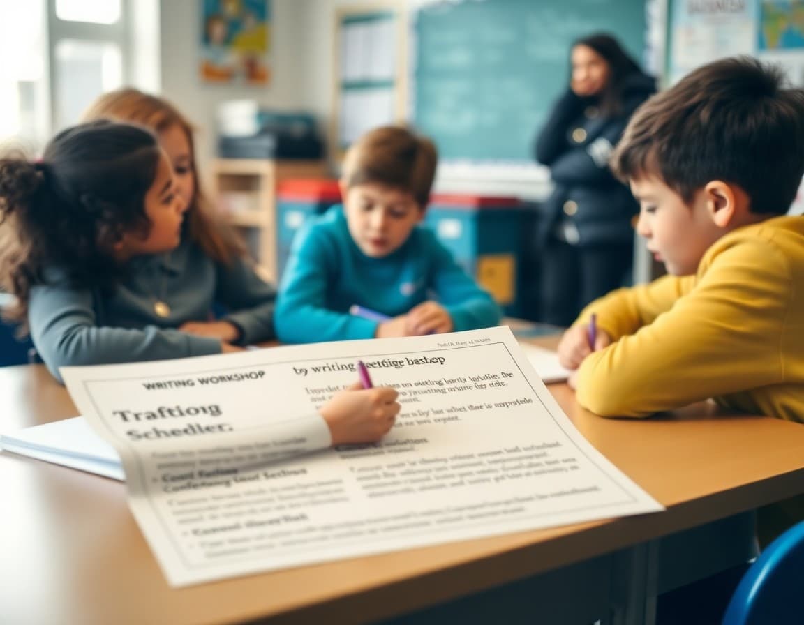 Writing workshop teacher newsletter showing drafting schedule, conference sign-up, and family writing support suggestions