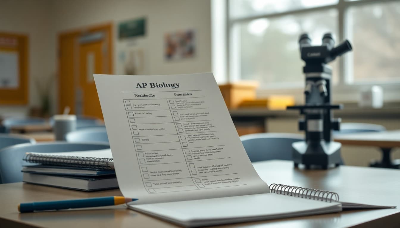 AP Biology newsletter checklist on a desk beside lab notebook and microscope