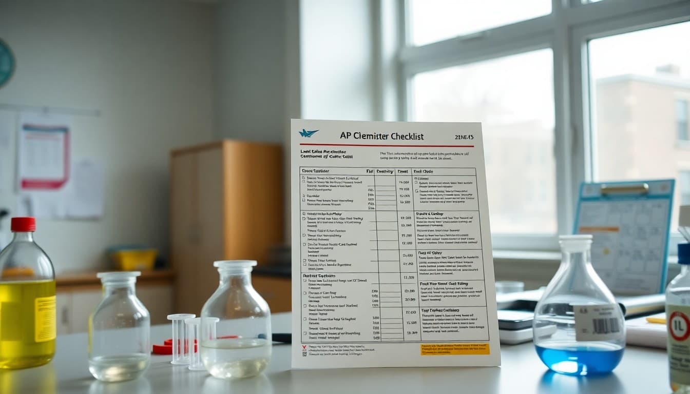 AP Chemistry newsletter checklist beside lab safety equipment and course calendar