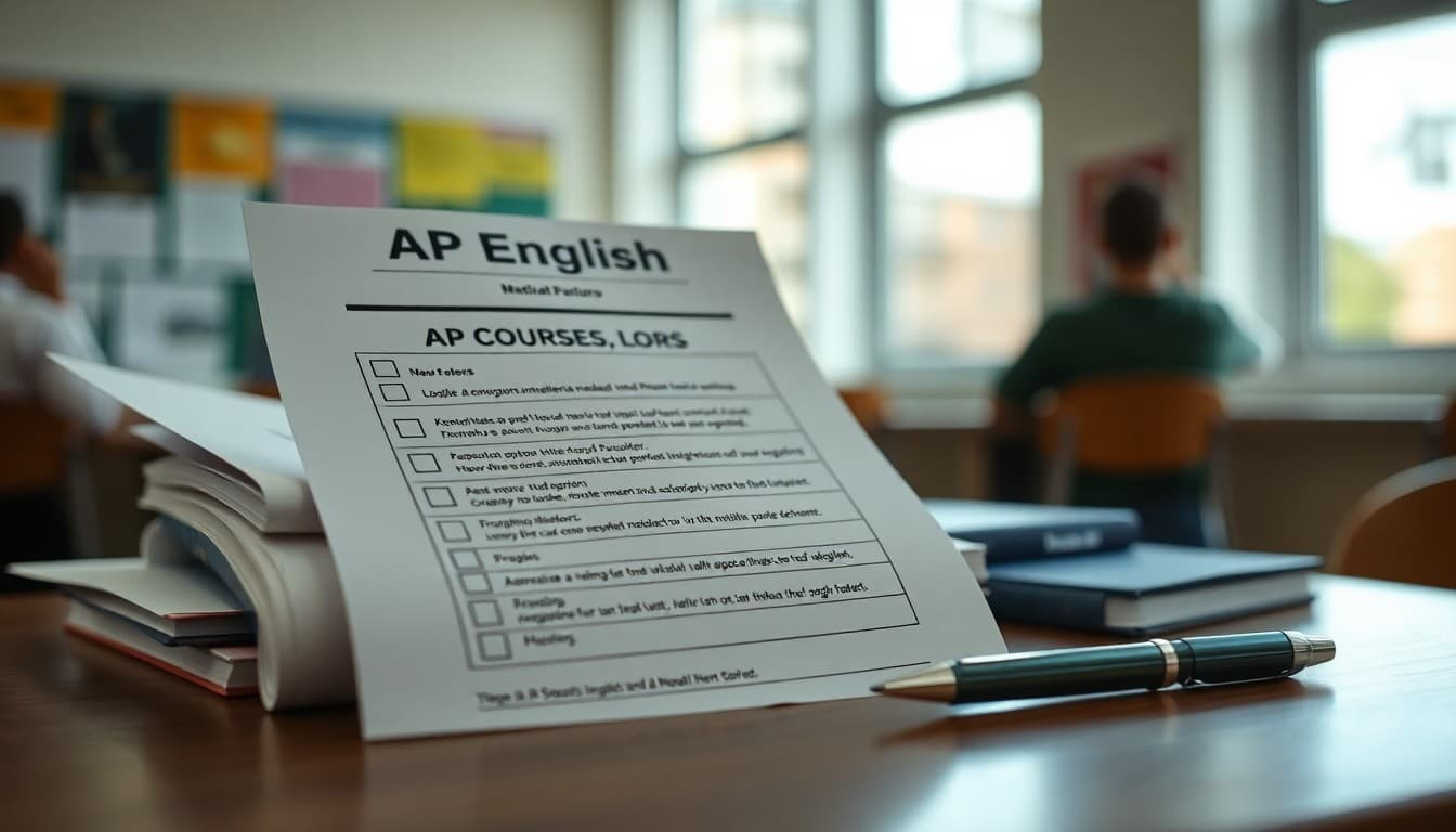 AP English newsletter checklist on a desk next to AP course materials and a pen