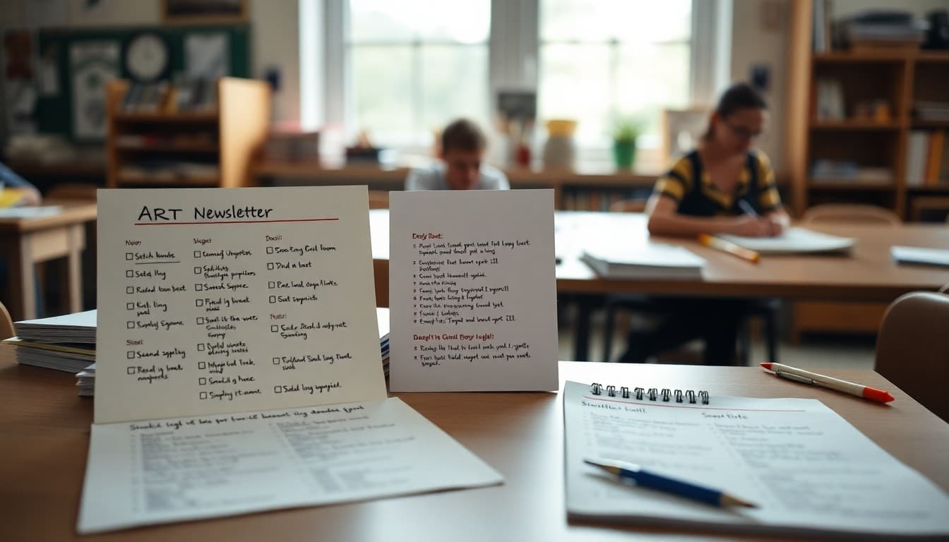 Art newsletter checklist on studio table beside student sketch books and supply list