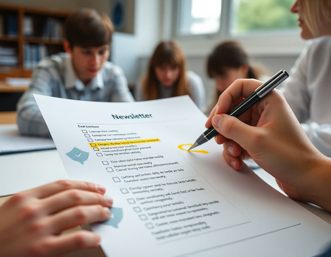 Chemistry newsletter checklist sections highlighted with pen on a printed draft