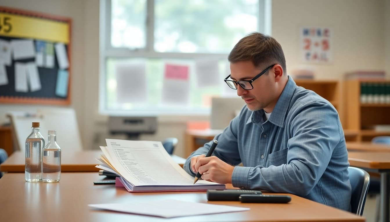 Chemistry teacher with a checklist and notebook preparing parent newsletter content at a classroom desk