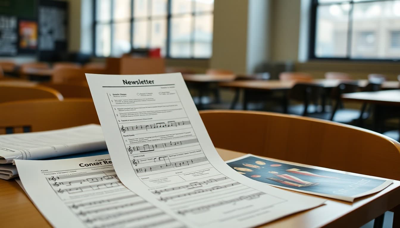 Choir newsletter checklist on a desk beside sheet music and concert program