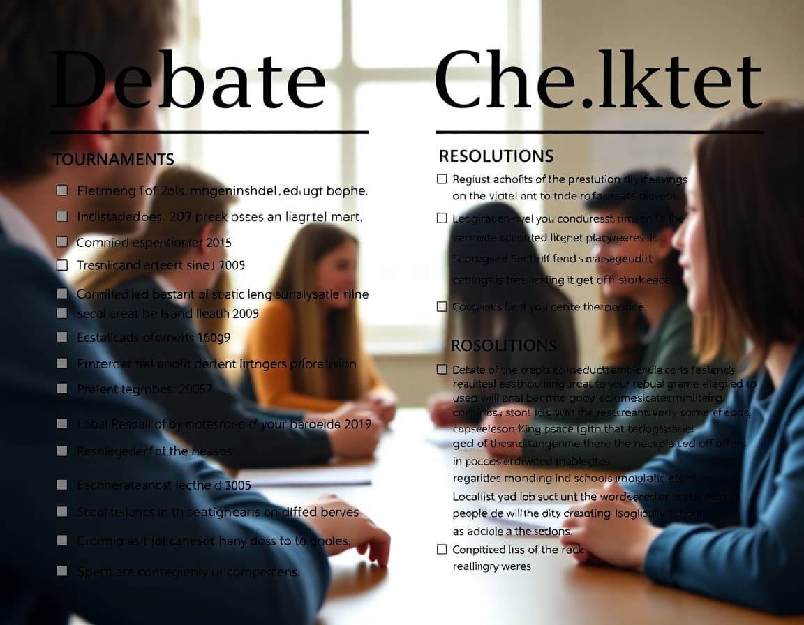 Debate newsletter checklist layout showing key sections including tournament dates and resolution summary