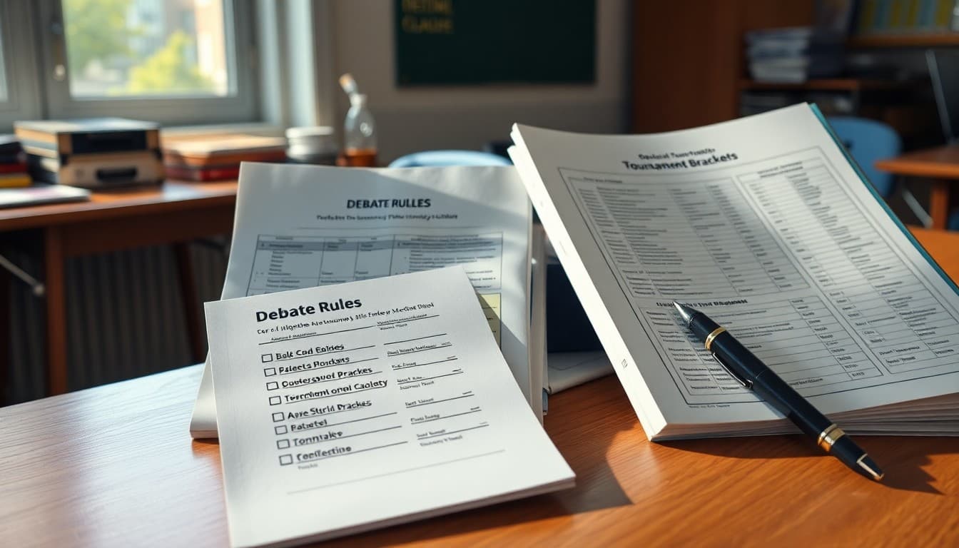 A checklist beside debate rulebooks and tournament brackets on a debate teacher's desk