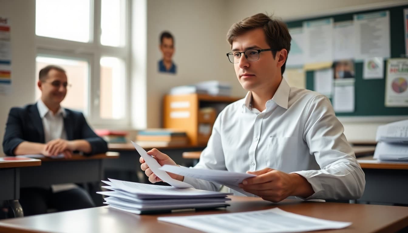 Economics teacher with a newsletter checklist and current event printouts organized on a classroom desk