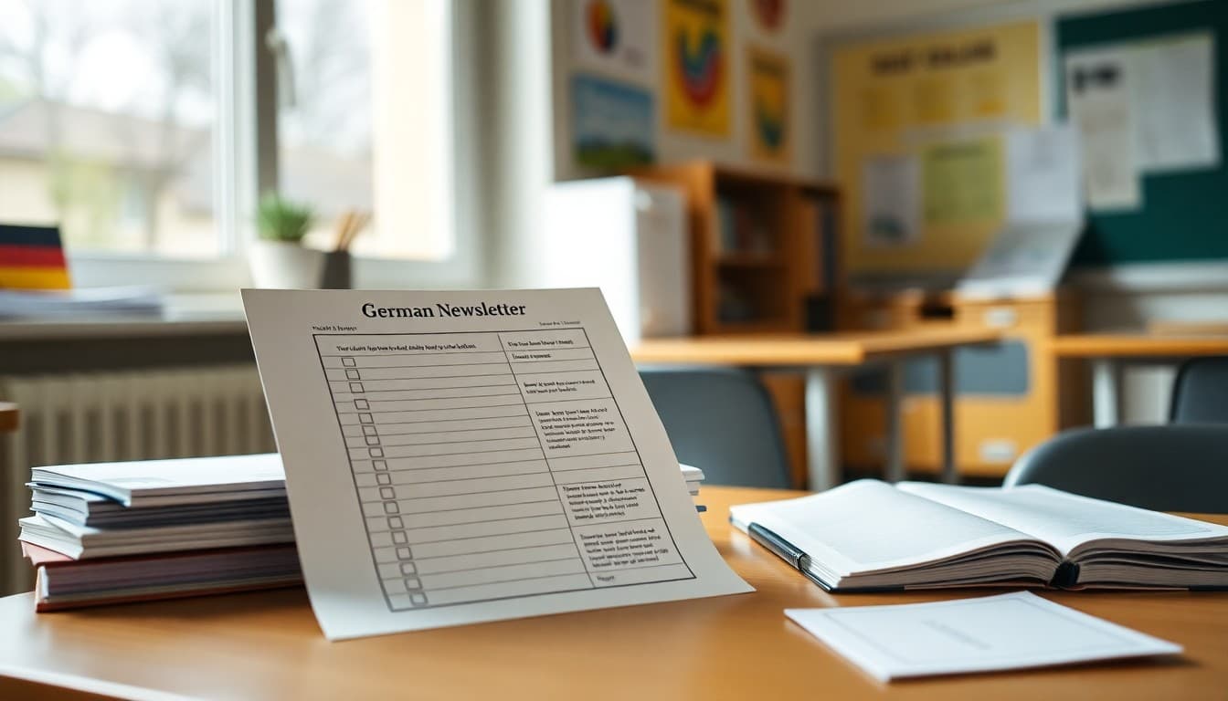 German newsletter content checklist beside German textbook and vocabulary cards on a desk