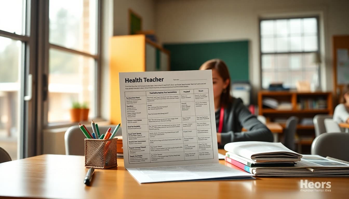 Health teacher newsletter checklist on desk with curriculum guide and wellness resources
