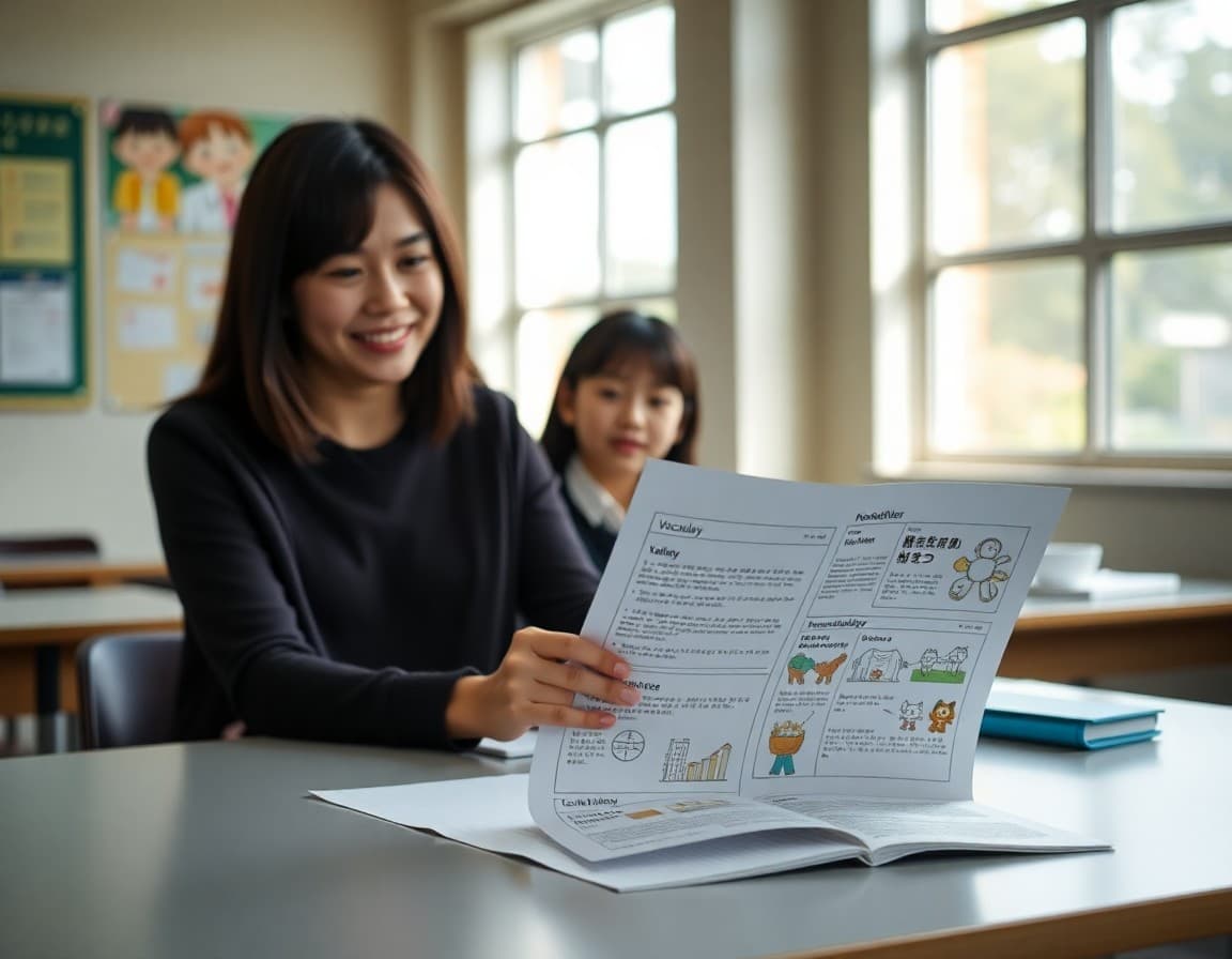 Japanese teacher newsletter layout showing vocabulary and cultural sections on a clean desk