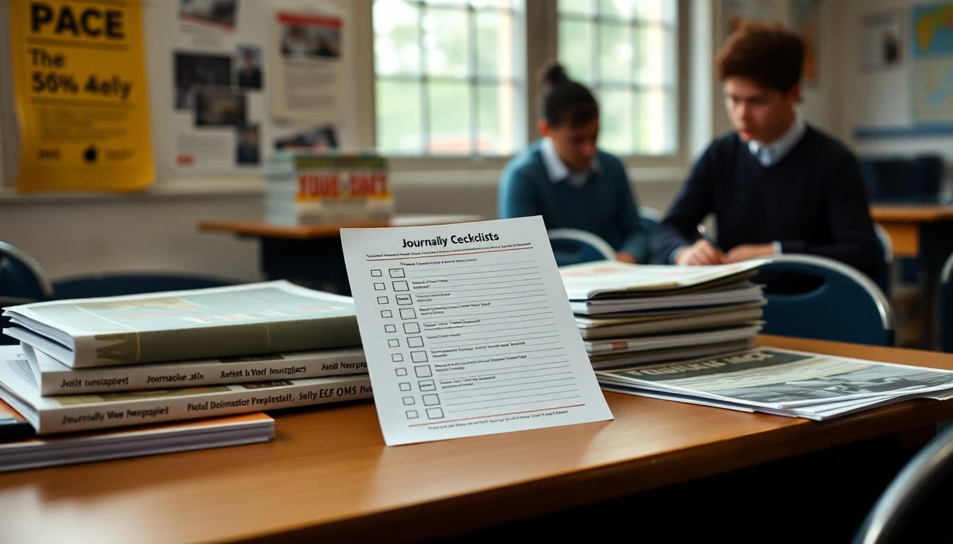 A checklist beside journalism textbooks and student newspaper samples on a journalism classroom desk