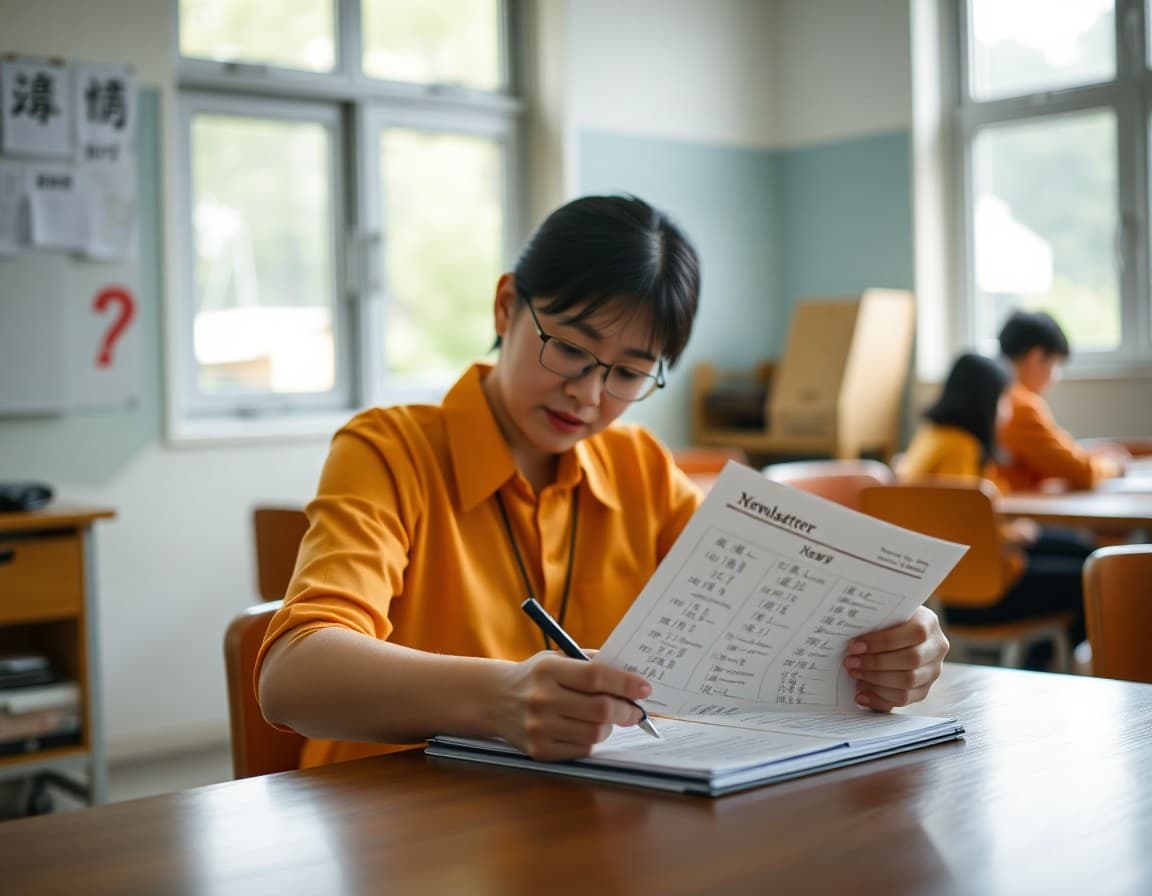 Teacher writing a Mandarin newsletter with Chinese characters and vocabulary lists visible