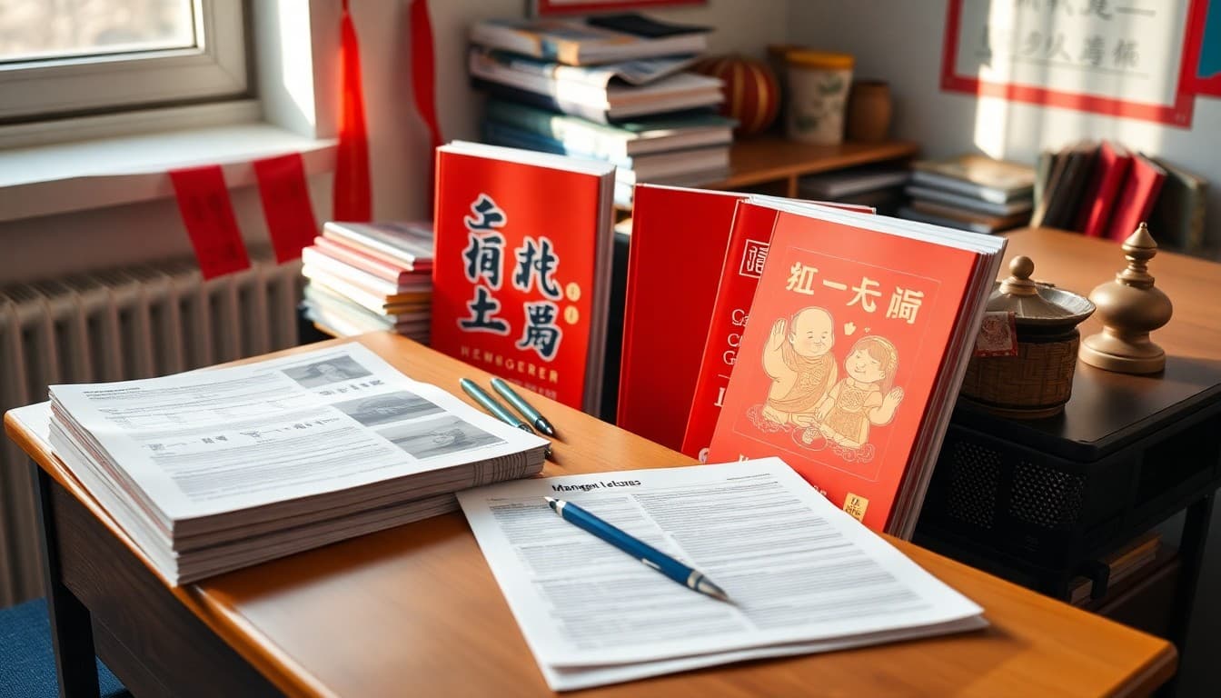 Mandarin textbooks and Chinese cultural items on a teacher's desk next to a newsletter draft