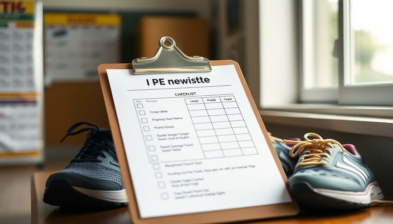 PE newsletter checklist on a clipboard beside athletic shoes and a gym schedule