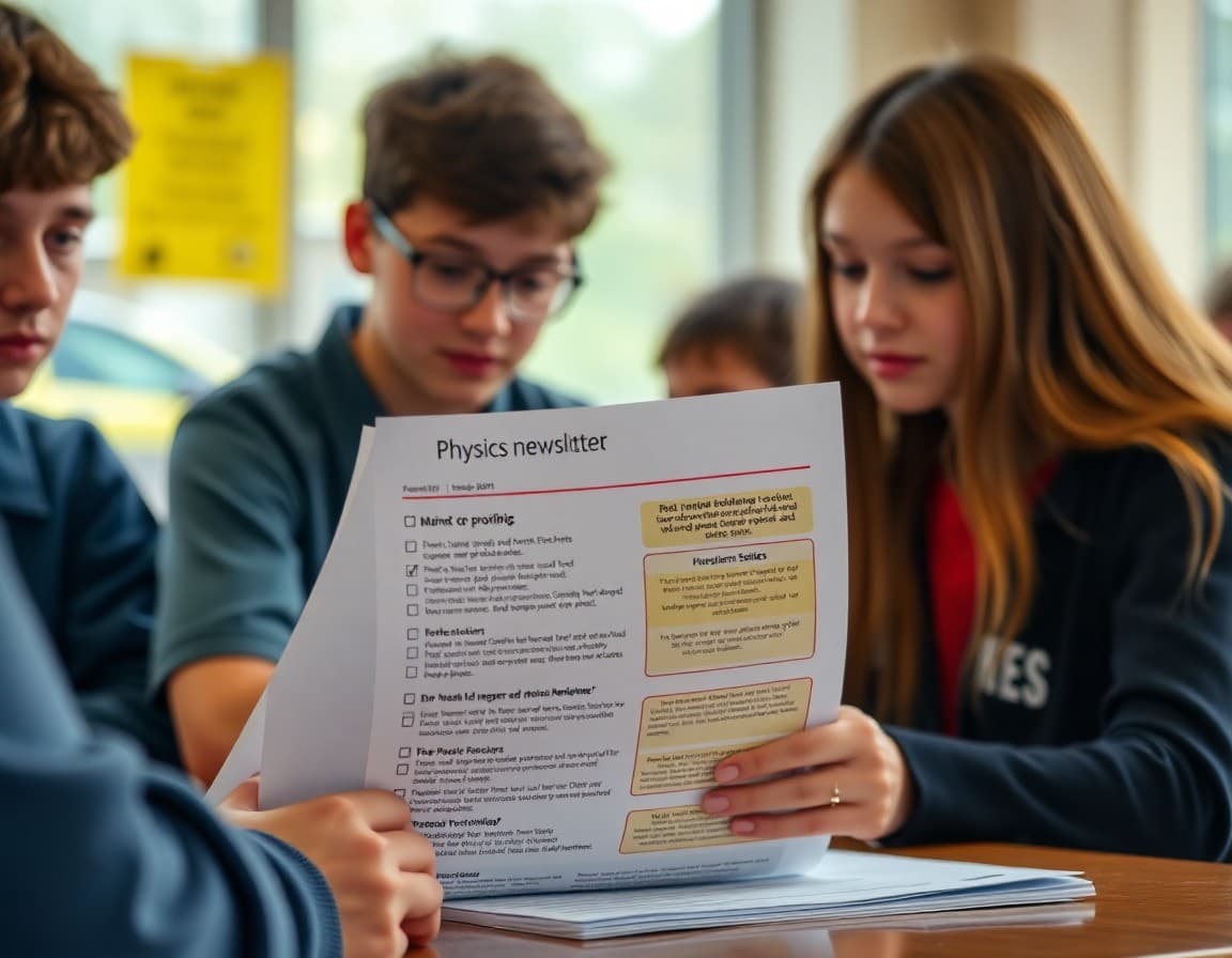 Printed physics newsletter with checklist sections labeled and highlighted for review