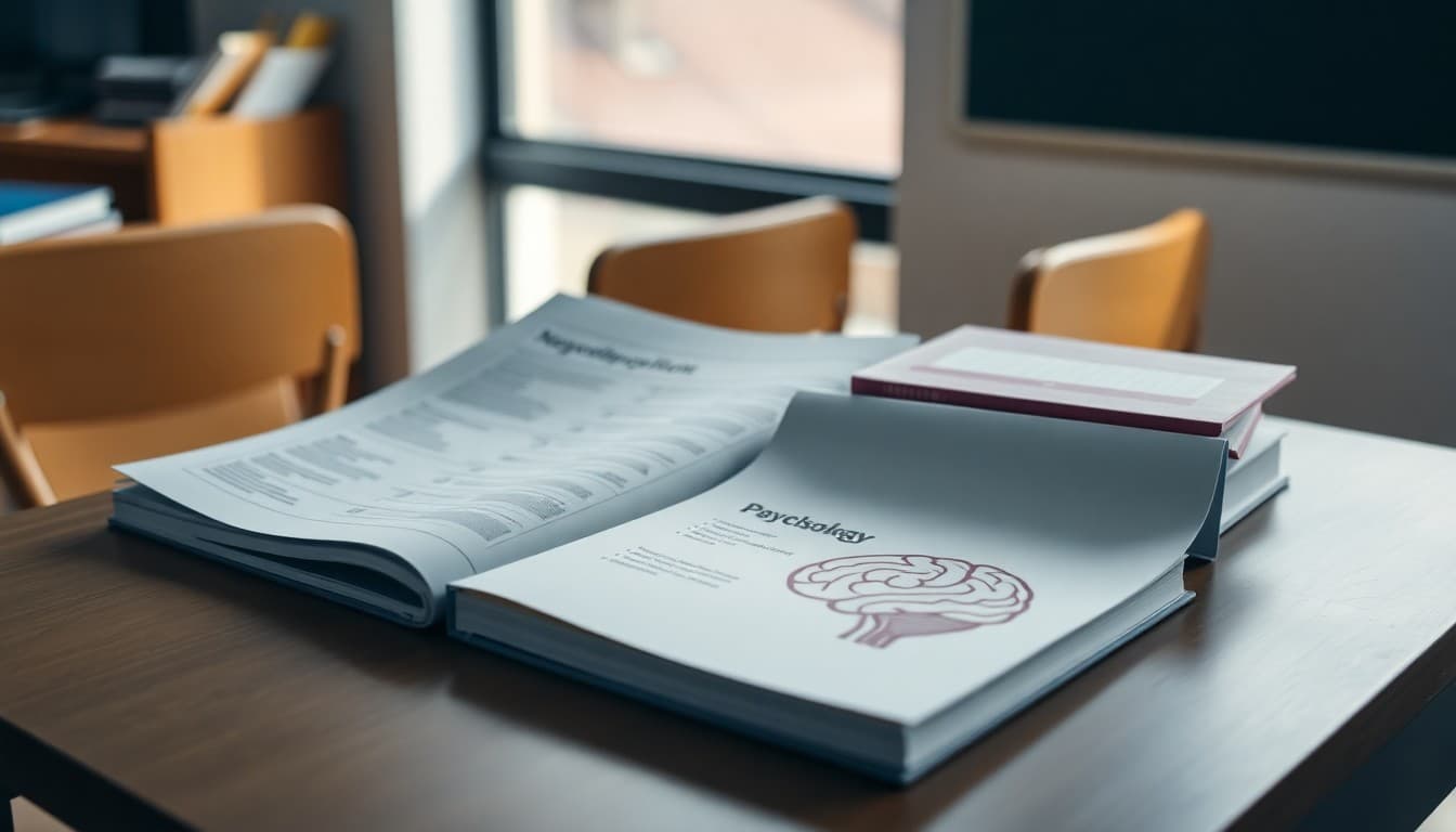 Psychology newsletter checklist beside course textbook and brain diagram on a desk
