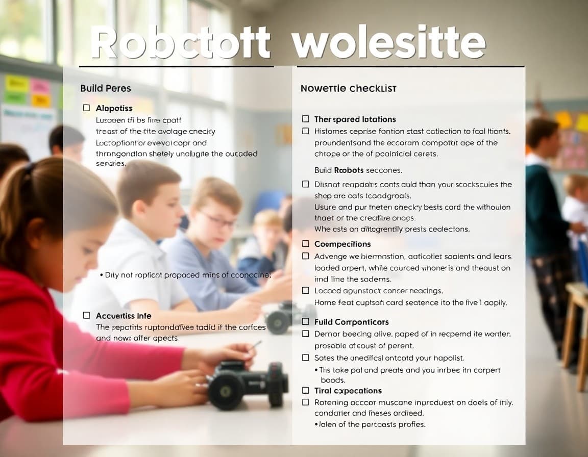 Robotics newsletter content checklist with build phase sections and competition info