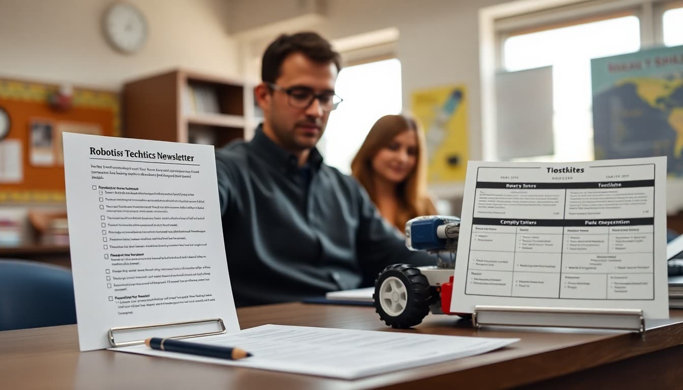 Robotics teacher newsletter checklist on desk beside robot prototype and competition schedule