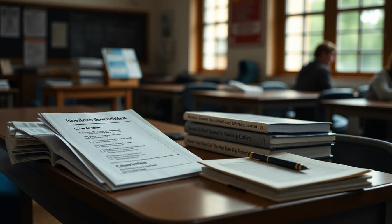 Sociology newsletter checklist on desk beside social theory textbook and research articles