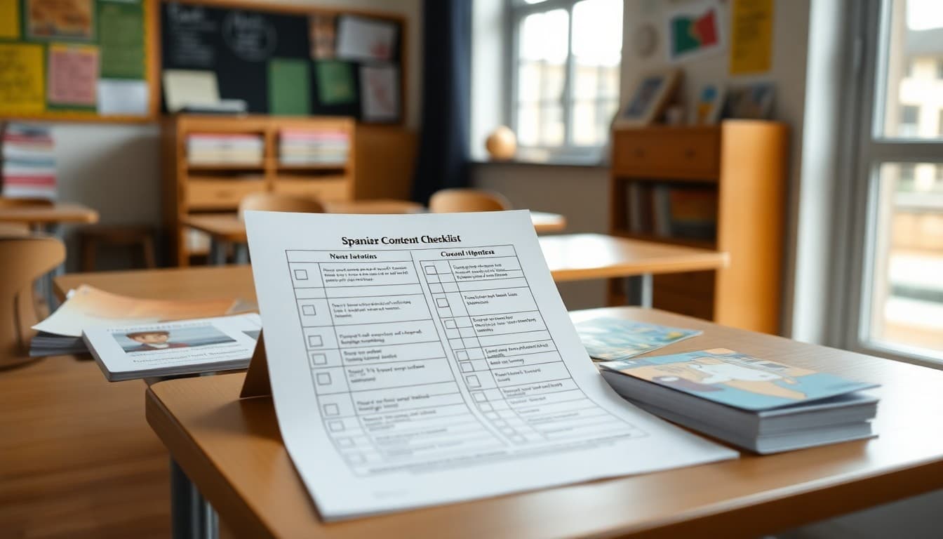 Spanish newsletter content checklist beside vocabulary cards and cultural materials on a desk