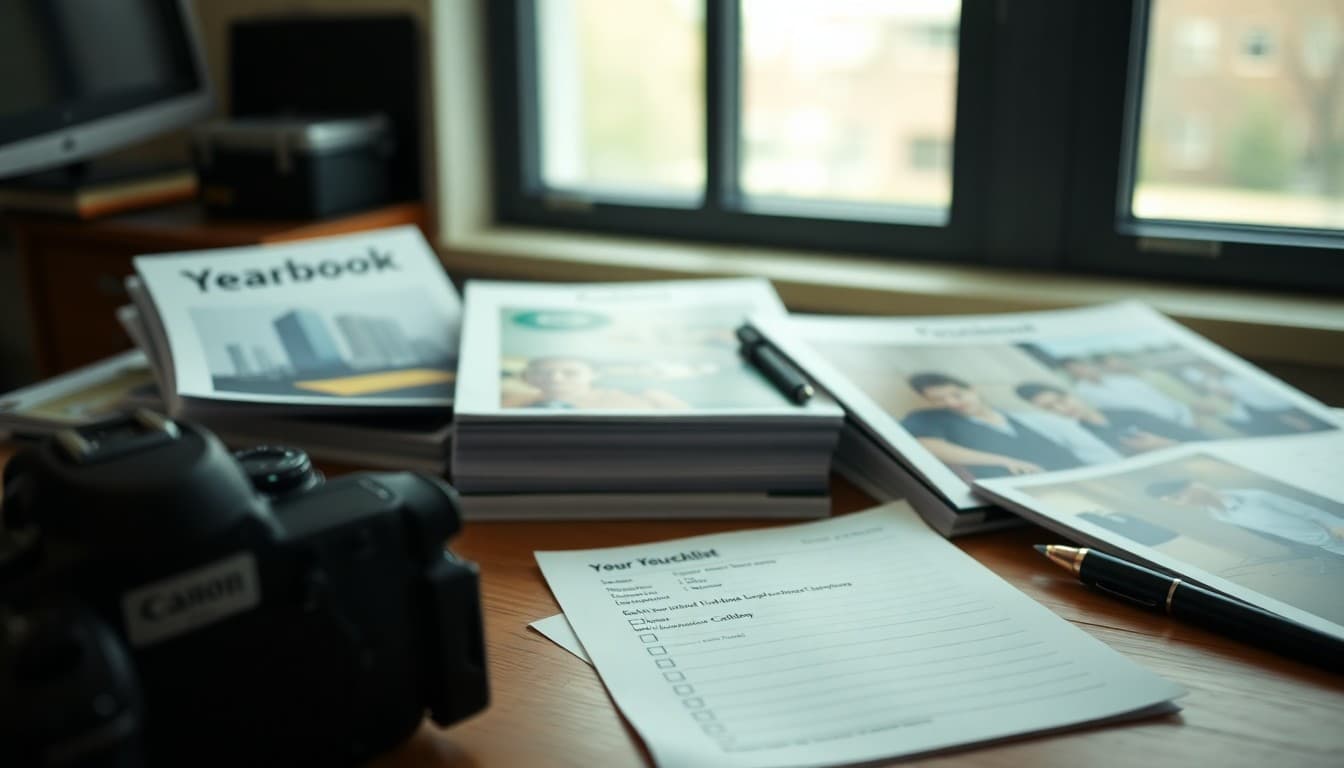 A checklist beside yearbook sample books and photography equipment on a yearbook adviser desk