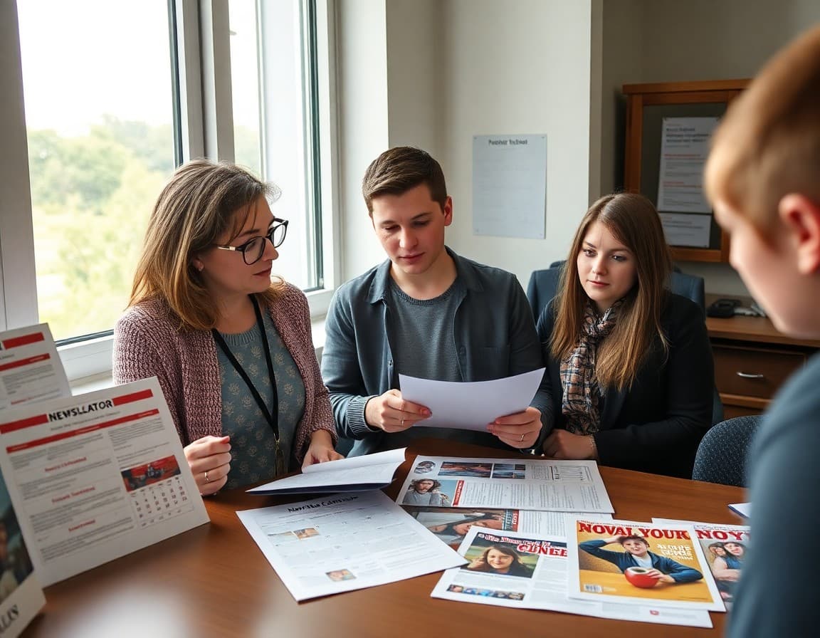 Yearbook adviser reviewing newsletter ideas next to a production calendar and cover design samples