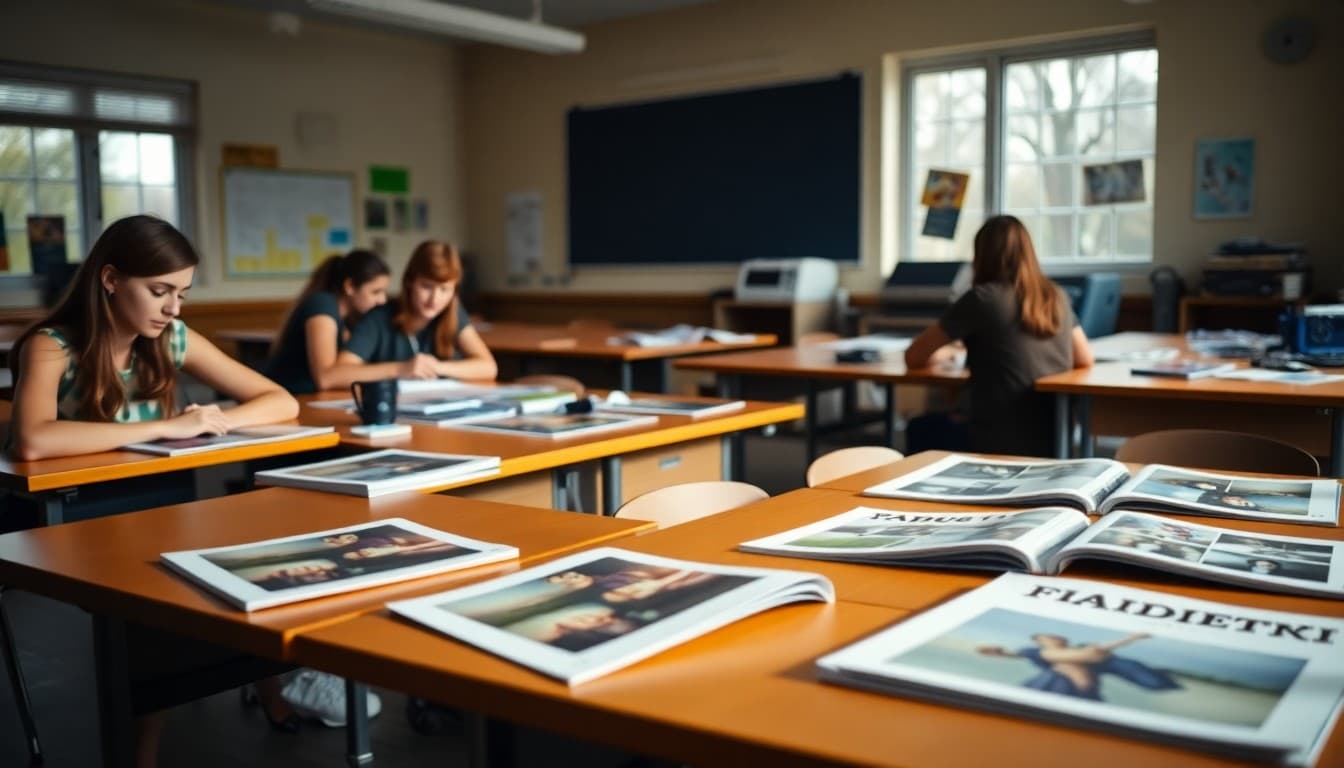 A yearbook classroom with layout design printouts and photography prints displayed on tables