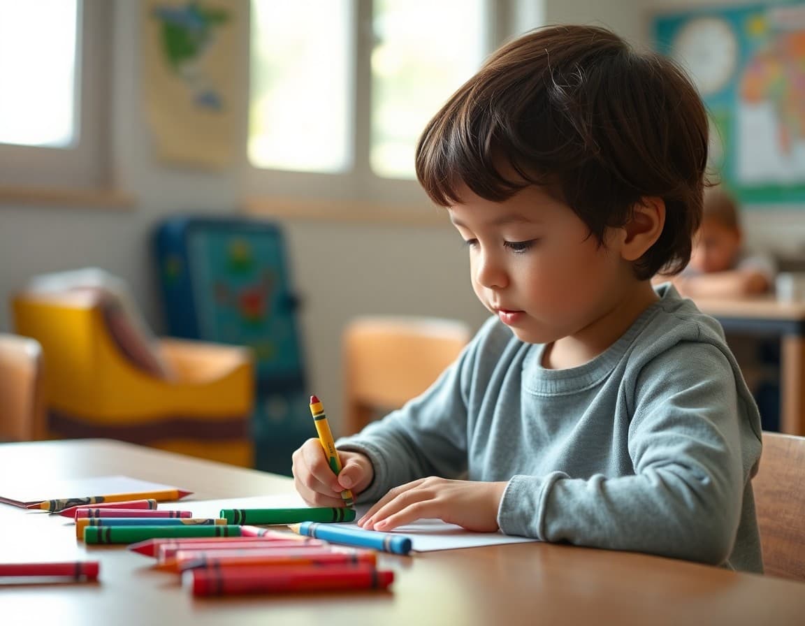 Young child practicing kindergarten readiness skills with crayons and paper