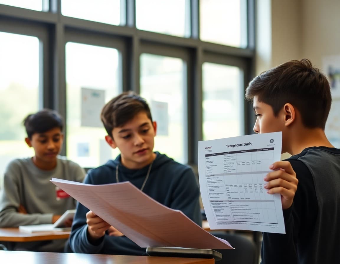 Student reviewing high school course requirements and transcript information