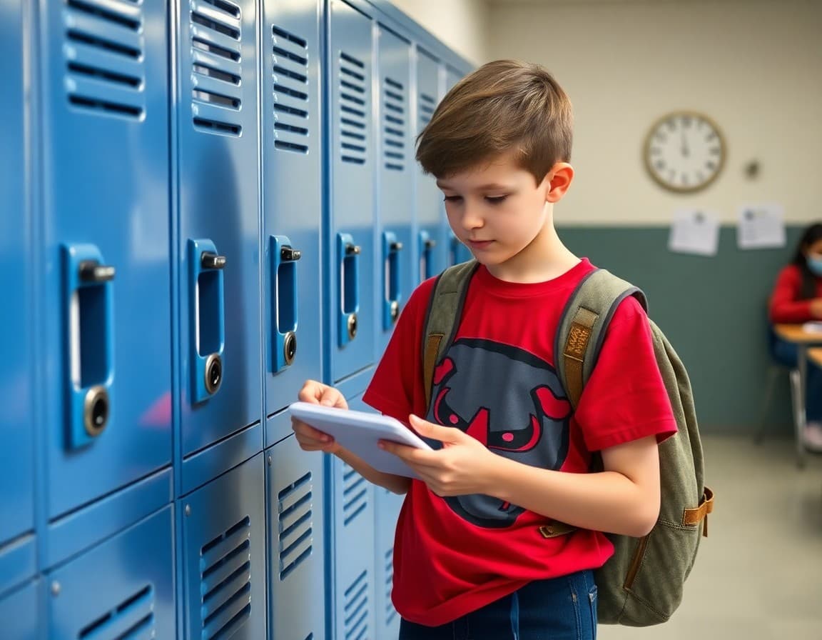 Middle school student practicing locker combination and reviewing schedule