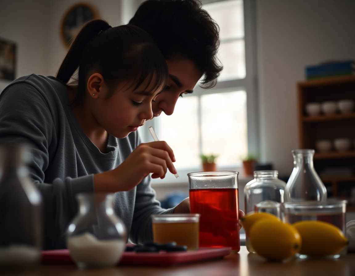 Parent and child conducting simple chemistry experiment with kitchen ingredients