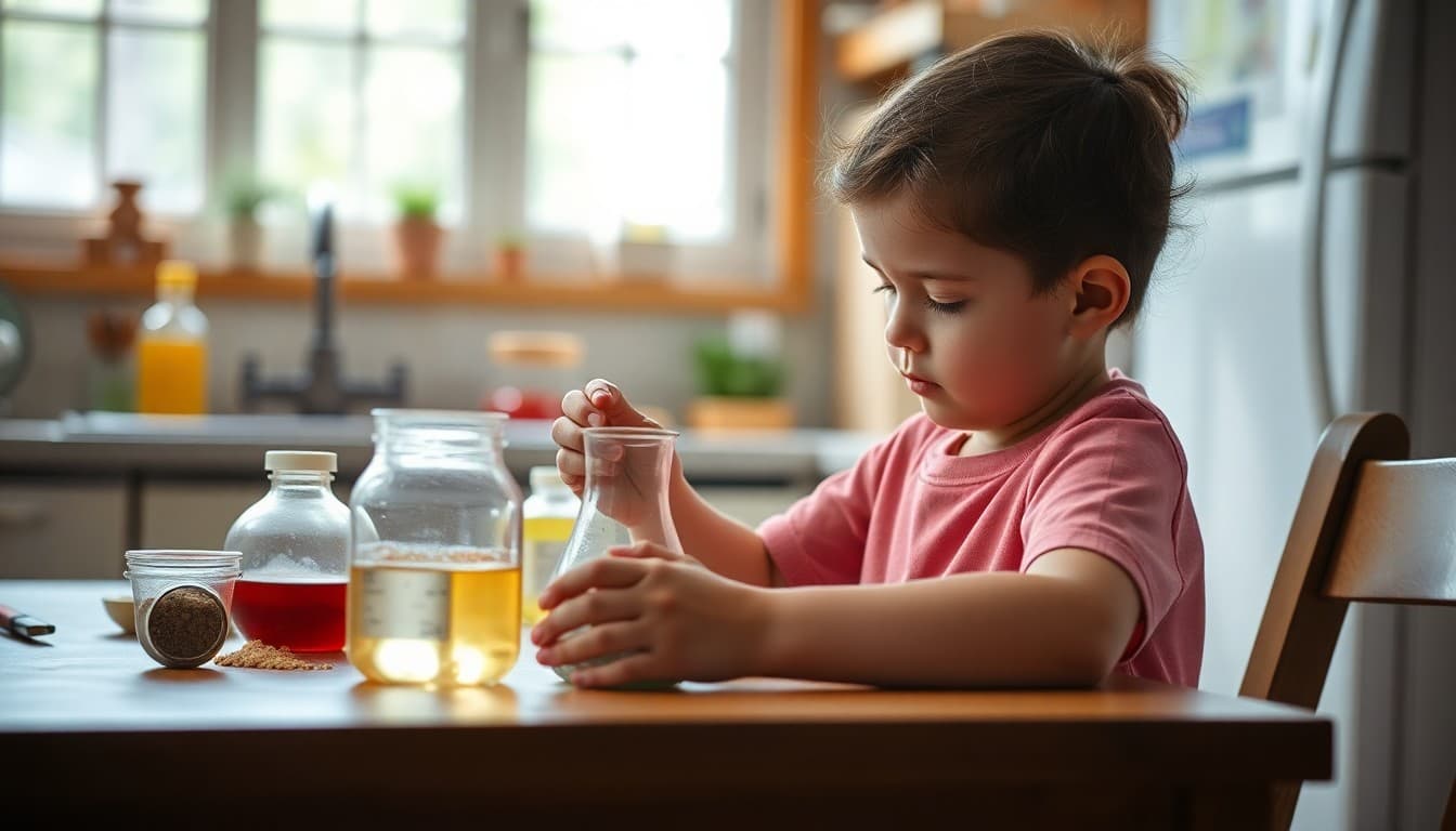Child doing summer science experiment at kitchen table with household materials