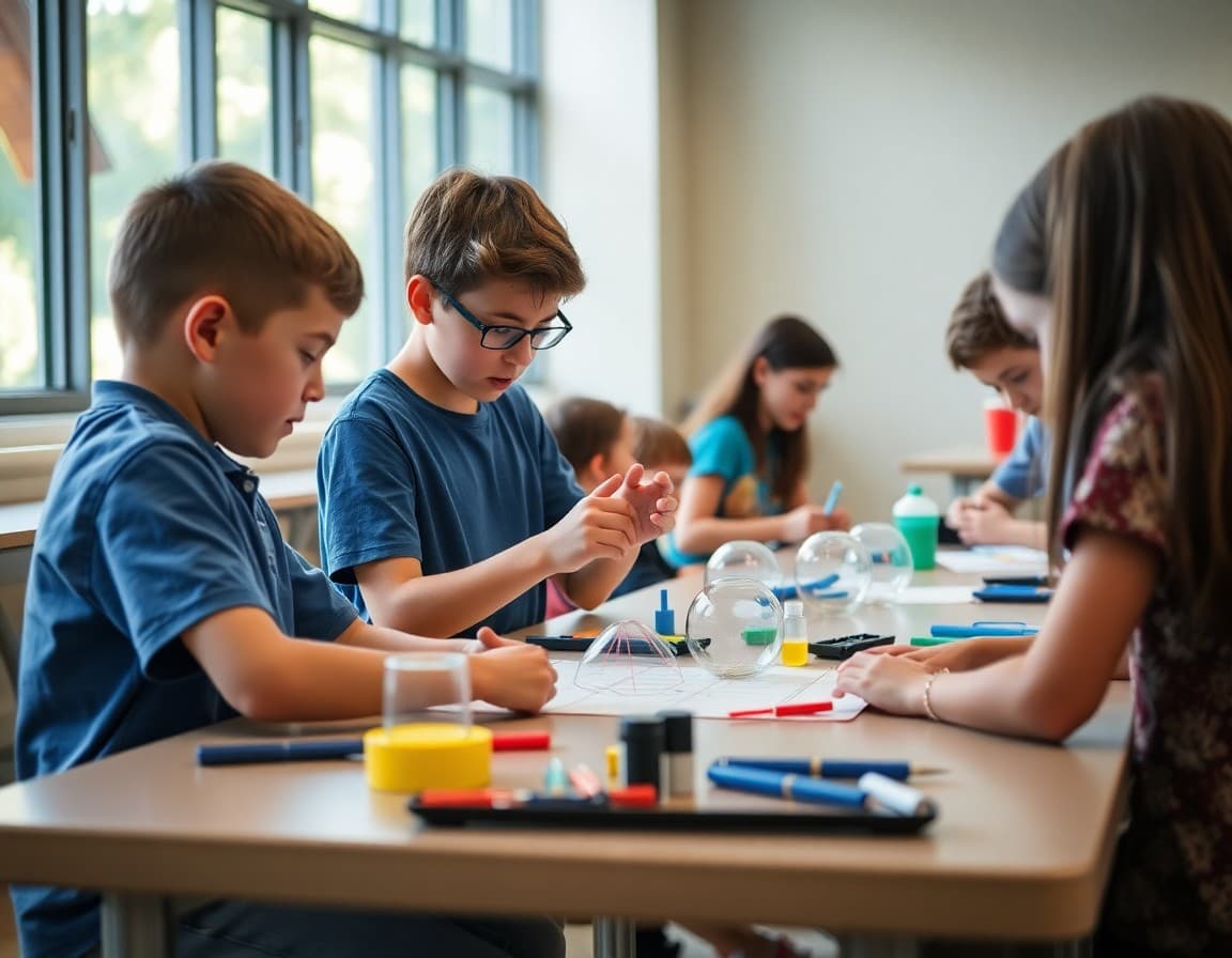 Students working on hands-on STEM project at summer enrichment program table