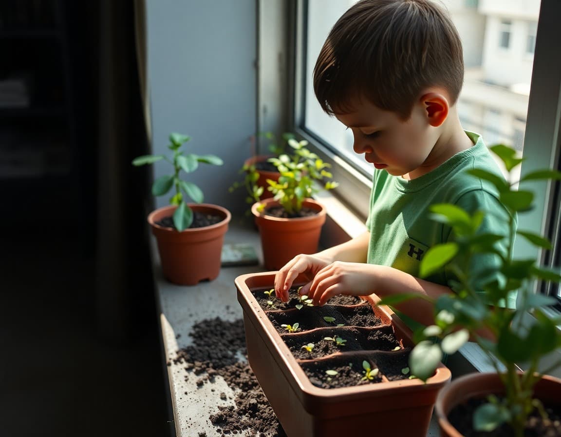 Child planting seeds in small container garden on apartment balcony