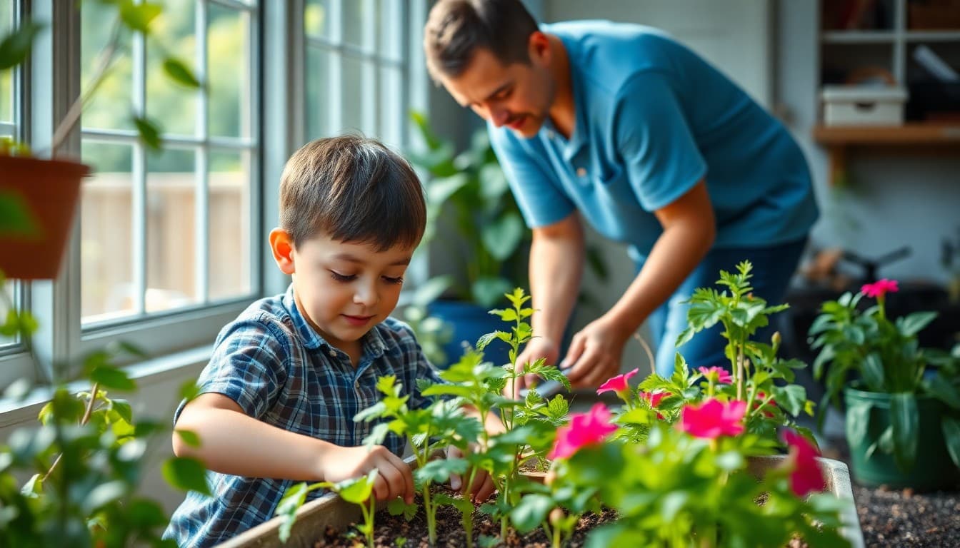 Student tending home garden with parent as summer learning project