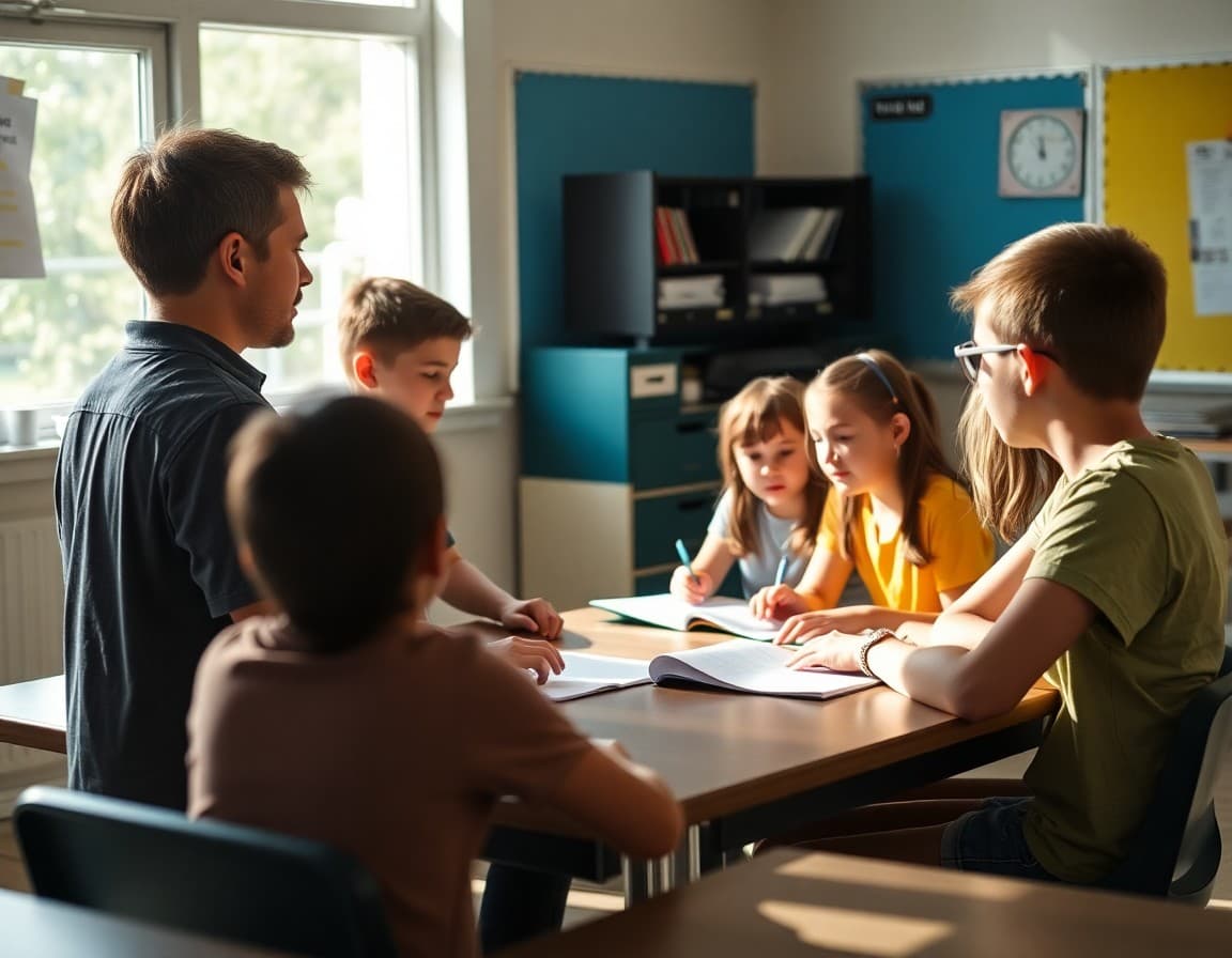Summer school teacher reviewing assignments with small group of students