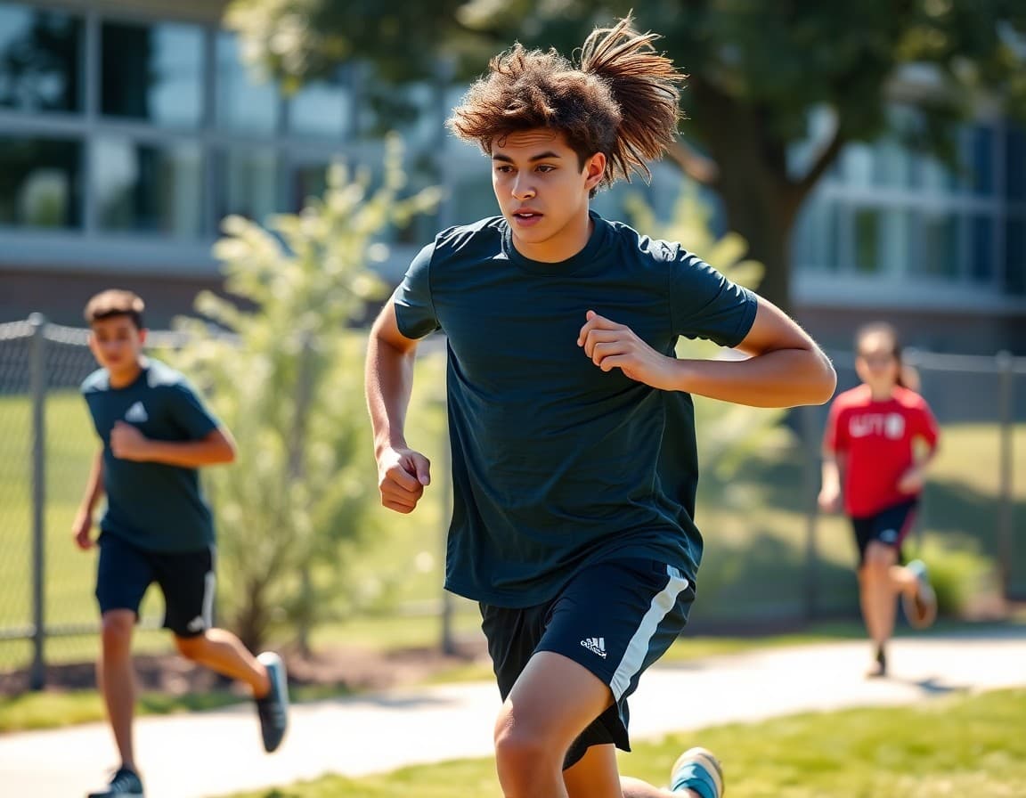 High school athlete running conditioning drills outdoors during summer training