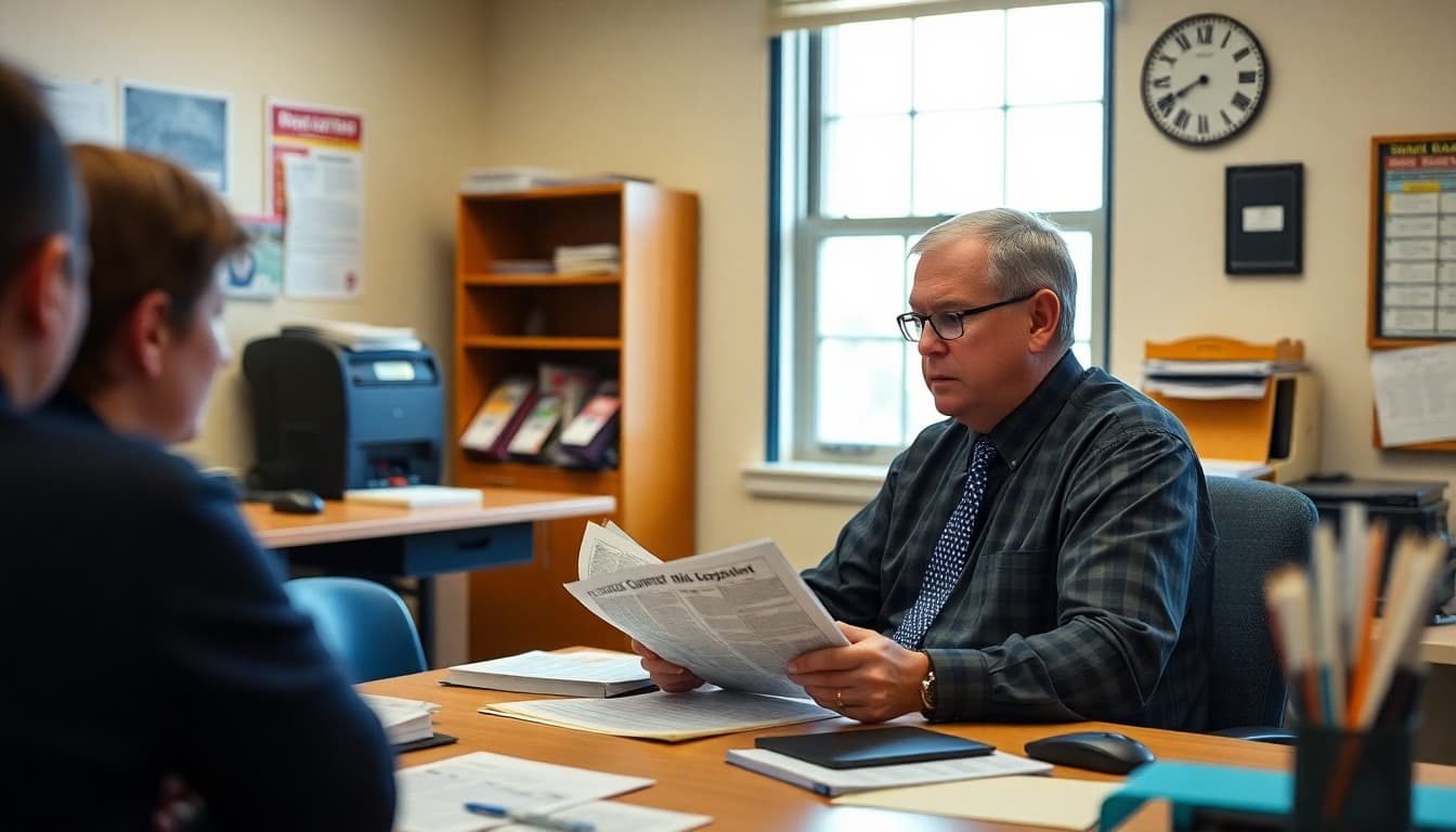 Arkansas superintendent at a desk reviewing community newsletter materials in a school office