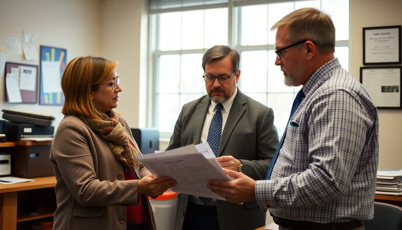 Connecticut superintendent reviewing district communication materials at a school office