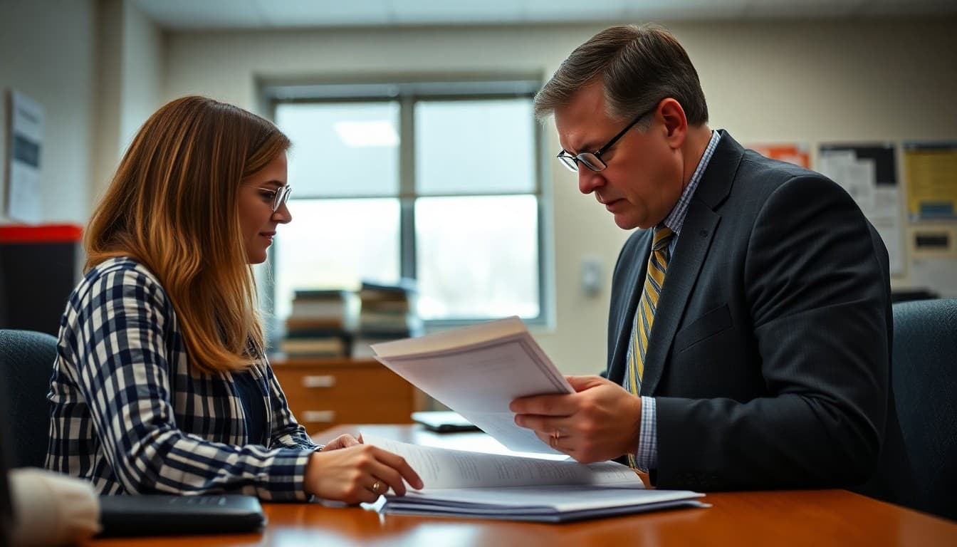 Illinois superintendent reviewing district communication materials at a school administrative office