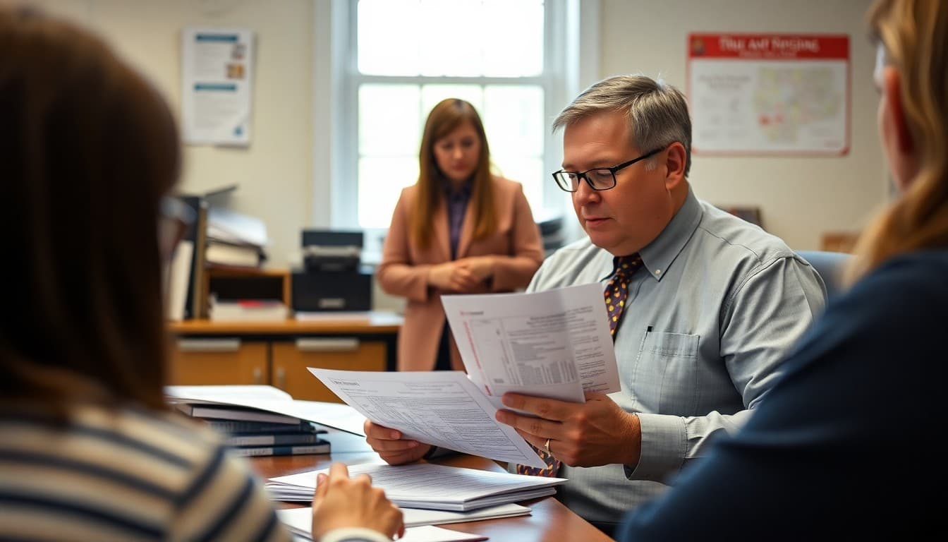 Maryland superintendent reviewing district communication materials at a suburban school administrative office