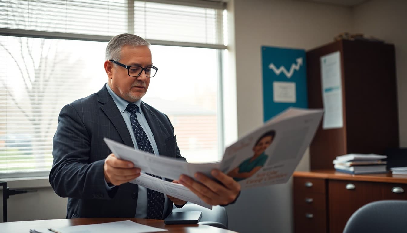 Michigan superintendent reviewing district communication materials at a school administrative office