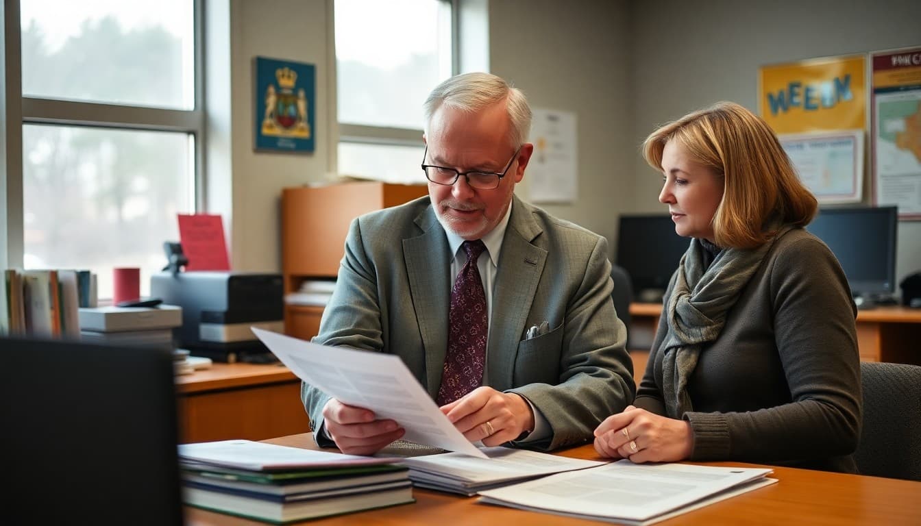 Minnesota superintendent reviewing district communication materials at a school administrative office