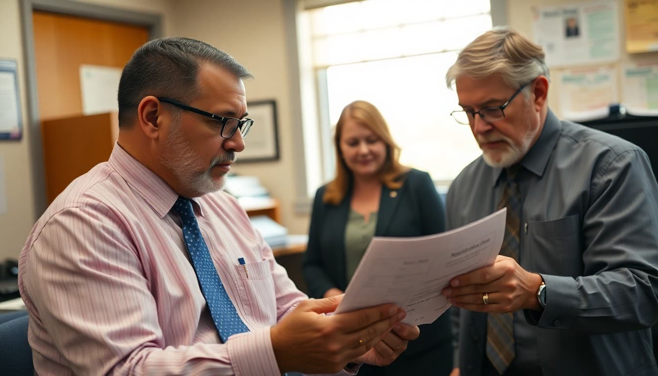 Mississippi superintendent reviewing district communication materials at a school administrative office