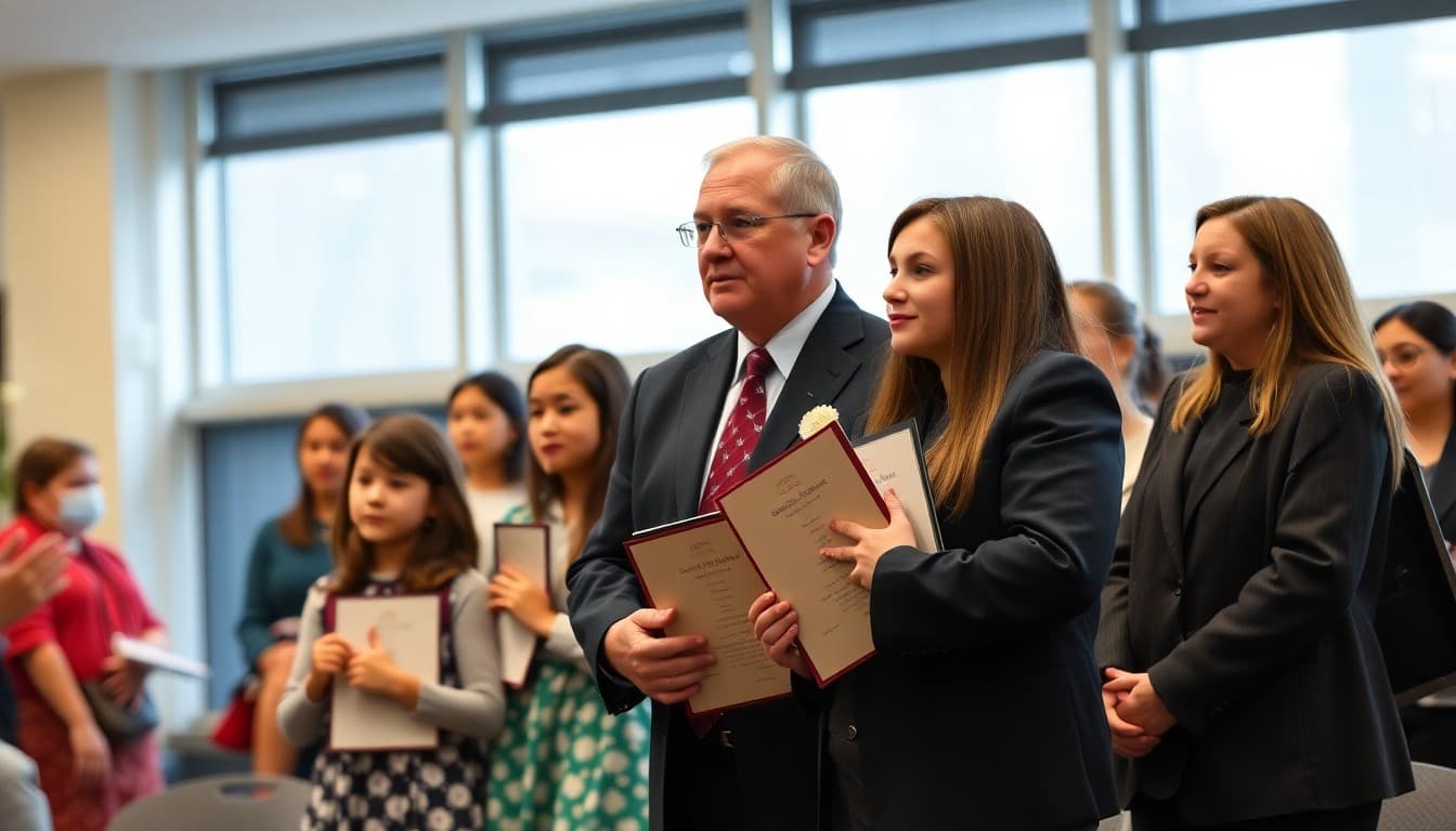 Superintendent at gifted program awards ceremony recognizing student academic achievements with teachers