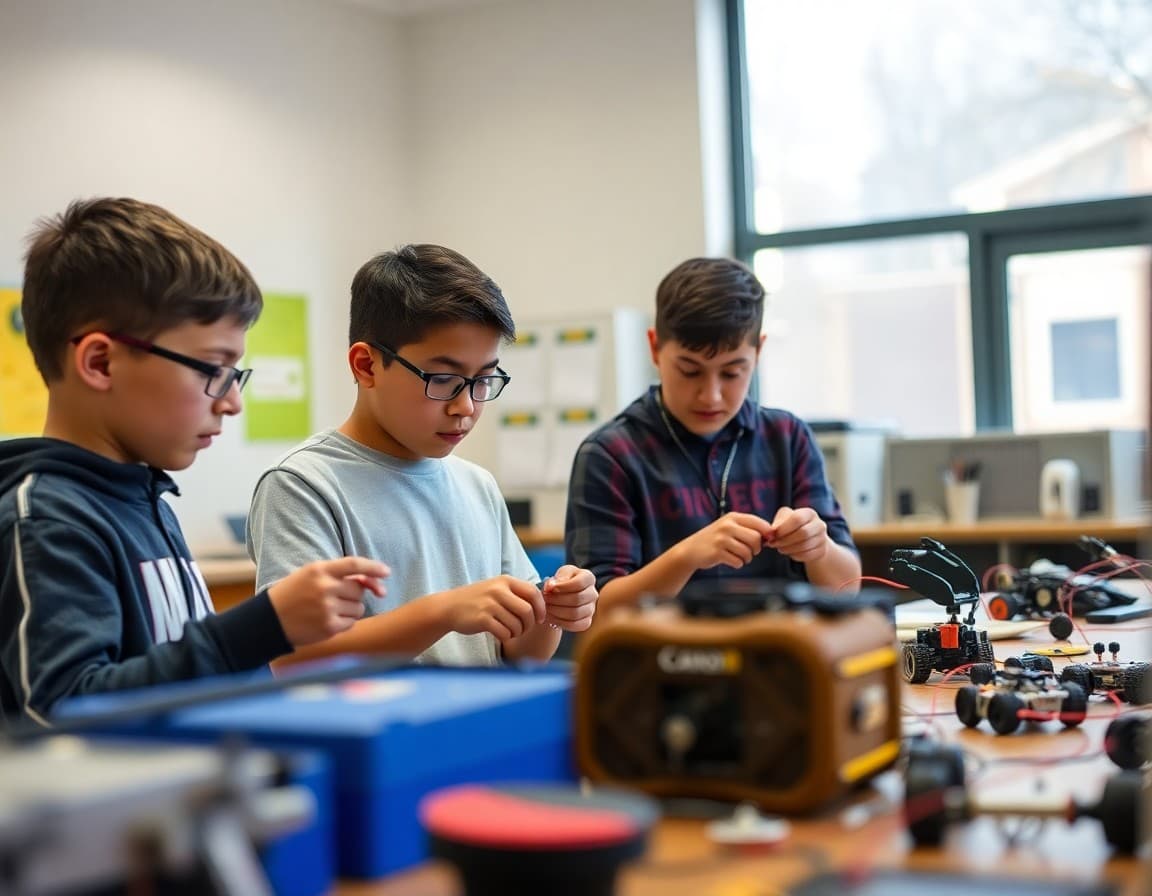 Students in after-school robotics club working on projects with adult mentor in school lab