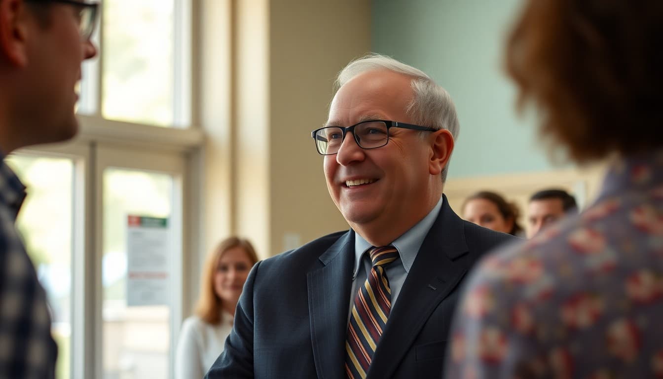 Superintendent at alumni homecoming event greeting graduates returning to their former high school